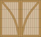 Wooden panel with symmetrical curved diagonal slats on a tan background, framed by a wooden border