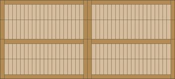 Wooden four-paneled sliding door or fence with beige slats and brown frame