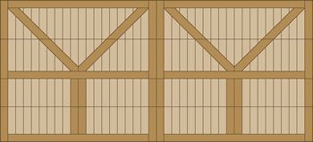 Two wooden barn doors with diagonal cross-bracing and vertical slats