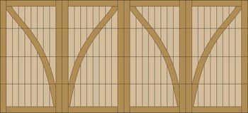 Wooden barn doors with diagonal braces and vertical slats in a tan-and-brown pattern