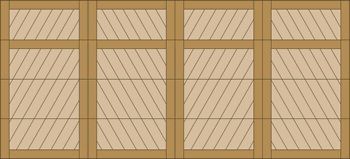 Wooden window or wall panel with four large rectangular sections and diagonal slats above and below.