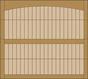 Wooden cabinet with two curved-top doors, beige panels, and vertical slats