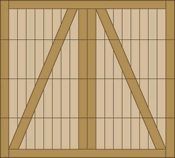 Wooden A-frame structure with tan beams and vertical slatted panels on a beige background.
