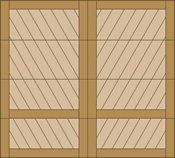 Wooden window with four panes and diagonal slat-like lines in a tan frame.
