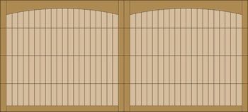 Two tan wooden gates with vertical slats and a horizontal crossbar
