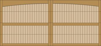 Wooden wall with four pale beige-paneled sections and curved top edges