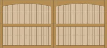 Wooden barn-style double doors with arched tops and vertical slats in a tan frame