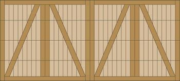 Wooden shipping crates stacked side by side, with diagonal braces and vertical slats.