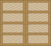 Wooden crate with four slanted slats on the left and four on the right, divided by a vertical center bar