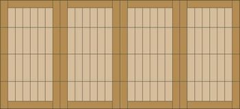 Four beige wooden panel doors or cabinets with vertical slats against a tan wall
