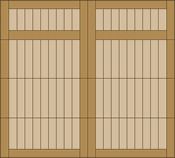 Wooden sliding closet doors with vertical slats and horizontal panels in a beige-brown finish