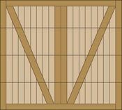 Wooden crate wall with diagonal support beams forming a V shape in the center.