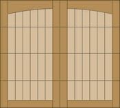 Wooden wall with two tall frosted glass doors or windows framed by vertical panels.