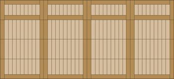Wooden lattice sliding doors with four framed panels in a tan room divider.