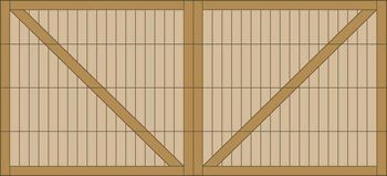 Wooden double barn doors with diagonal bracing and a vertical divider, shown closed.