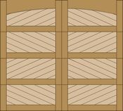 Wooden double doors with diagonal planks and horizontal crossbars, viewed straight on.