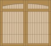 Wooden double doors with vertical slats and small arched windows at the top.
