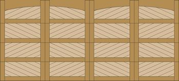 Wooden lattice fence with diagonal slats and vertical posts in a tan-brown pattern