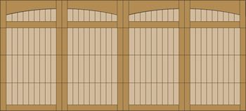 Four tan wooden window shutters with arched tops and vertical slats arranged side by side