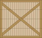 Wooden crate lid with diagonal cross-bracing and vertical slats in a tan-brown finish