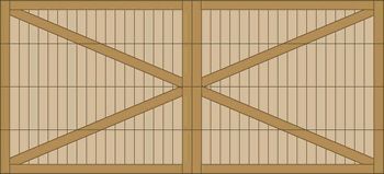 Wooden barn door with tan planks and diagonal support beams forming an X pattern