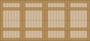Wooden wall with evenly spaced window-like panels and tan framing