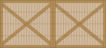 Two wooden crates side by side, each with an X-braced front and tan slatted panels.