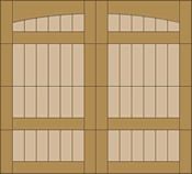 Wooden double doors with vertical slats and small arched transom windows above each side