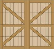 Wooden barn doors with diagonal braces and vertical slats in a tan-brown color