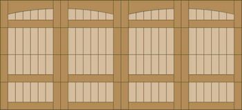 Wooden wall with four large paneled doors and small windows at the top