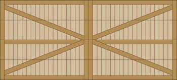 Wooden barn door with diagonal cross-bracing in tan and brown tones.