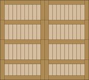 Wooden shelving unit with eight empty beige compartments, viewed straight on