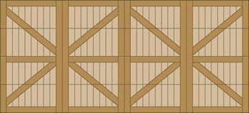 Wooden barn doors with diagonal braces, light tan planks, and dark hinges