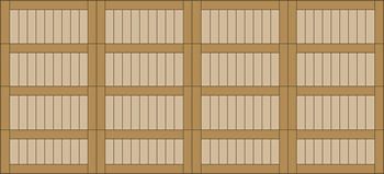 A wooden wall with a grid of beige, window-like panels