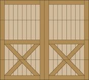 Two wooden barn doors with vertical slats on top and diagonal cross-bracing on the bottom