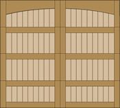 Wooden library shelves filled with beige books, divided by a central vertical panel.