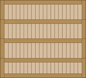 Wooden shelving unit with four empty beige shelves on a tan background.