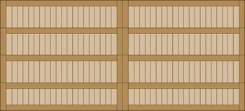 Empty wooden bookshelf with four shelves, light brown slats, and a central vertical divider