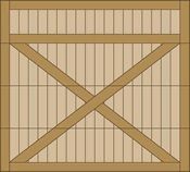 Wooden crate with diagonal cross-bracing and a small top panel, seen front-on.