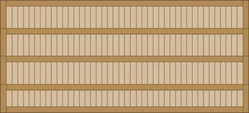 Wooden shelf unit with four long empty beige slatted shelves.