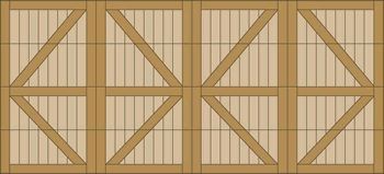 Stacked wooden crates with diagonal braces, arranged in a row
