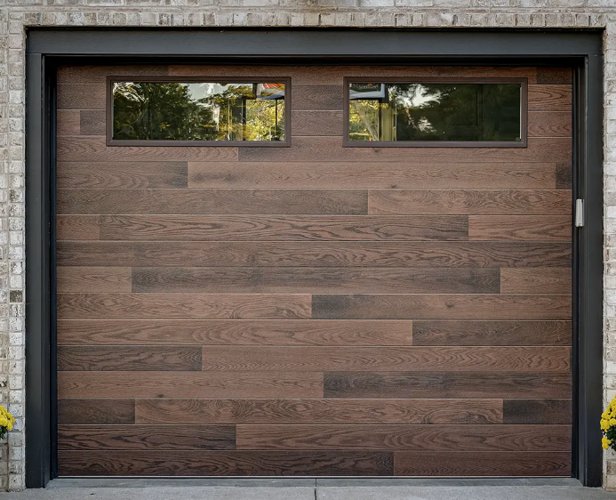 Wood-paneled garage door with two narrow windows at the top