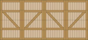 A row of four tan wooden crates with diagonal support beams.