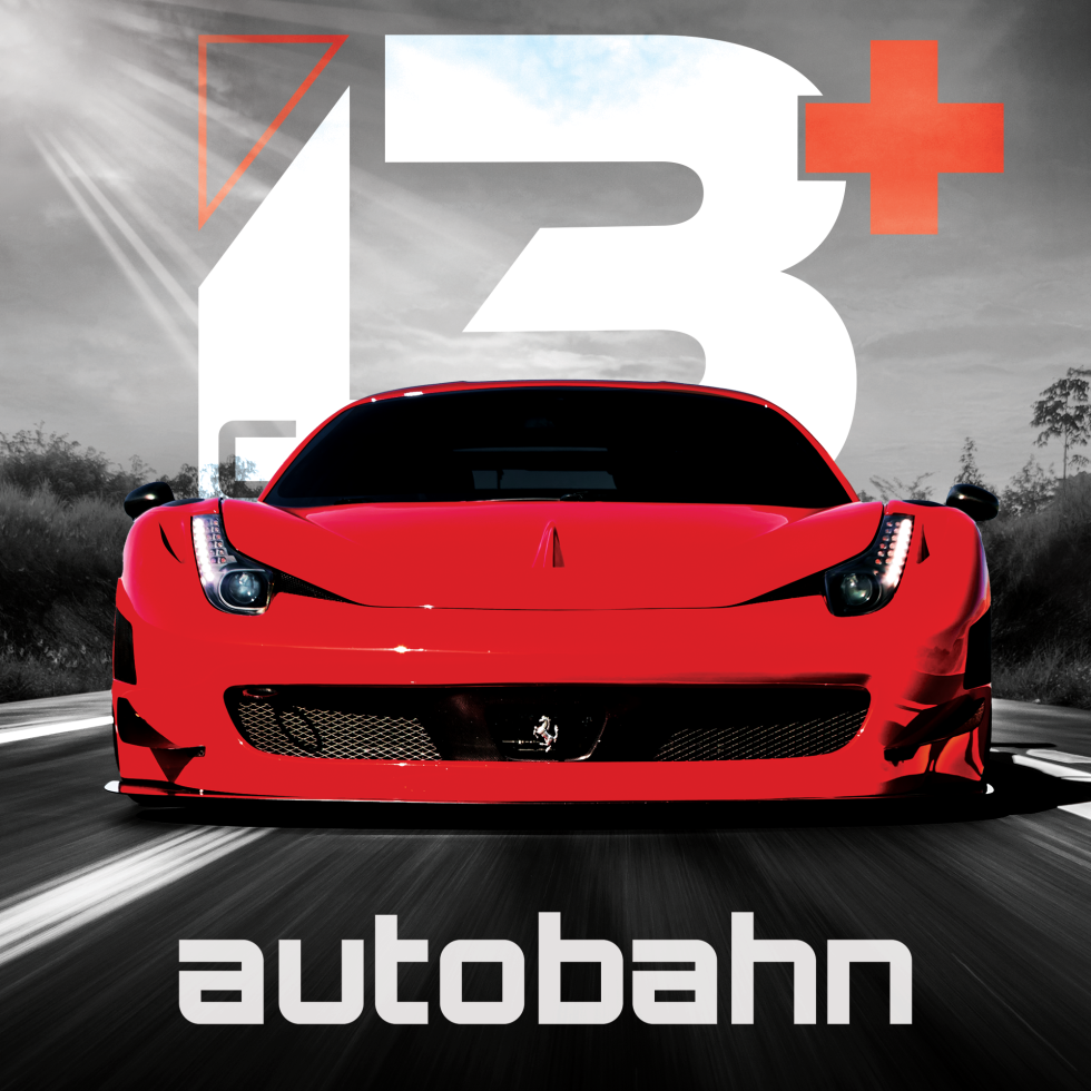 Red car with black background and the word autobahn below.