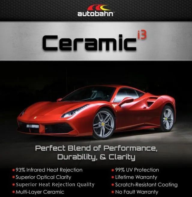 A red sports car is on a ceramic coating advertisement