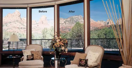 A living room with a before and after picture of a window.