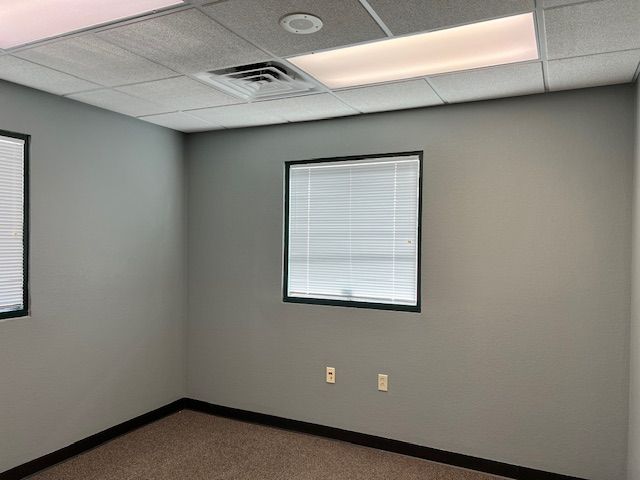 Empty office with gray walls, two windows with blinds, and a brown carpet.