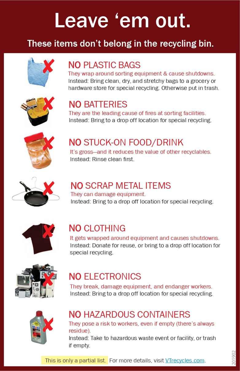 An informational poster listing items that do not belong in the recycling bin, marked with red 'X' icons for each item.