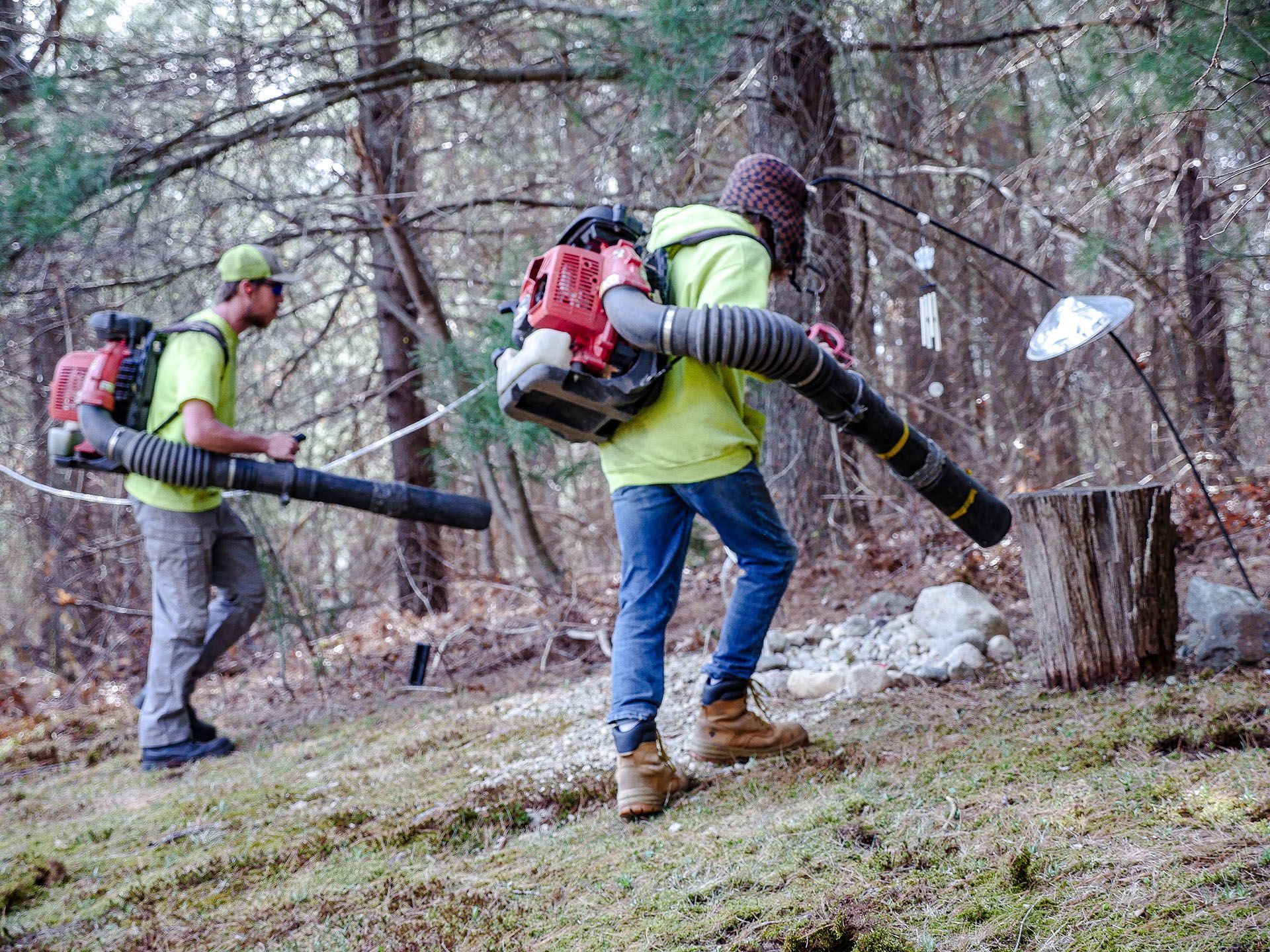 Two men are blowing leaves in the woods with backpack blowers.