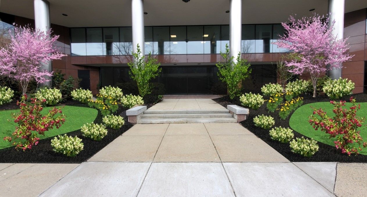 A walkway leading to a building with flowers and trees